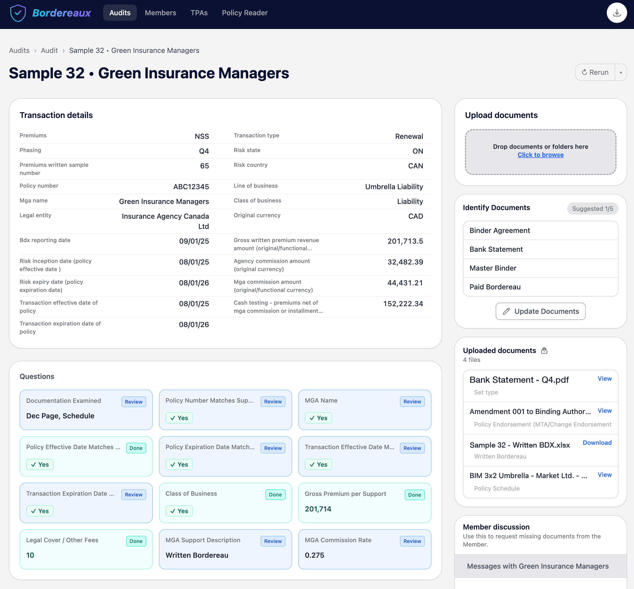 The Bordereaux audit workspace: transaction details for a sample MGA audit item, the verification questions grid with review and done states, and the document upload, identification, and member discussion panels